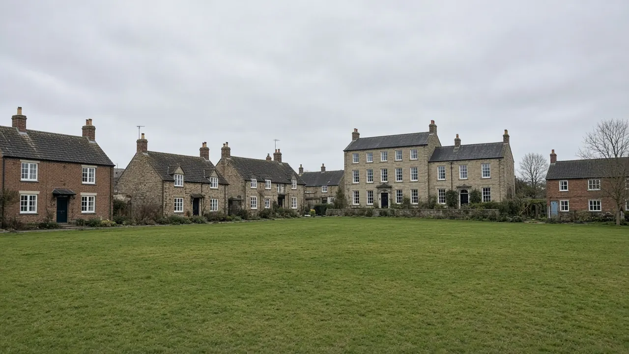 Example image: a village green lined with brick and stone cottages