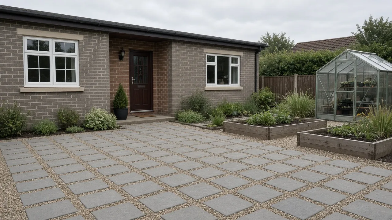 Example image: a permeable block patio with gravel joints behind a bungalow
