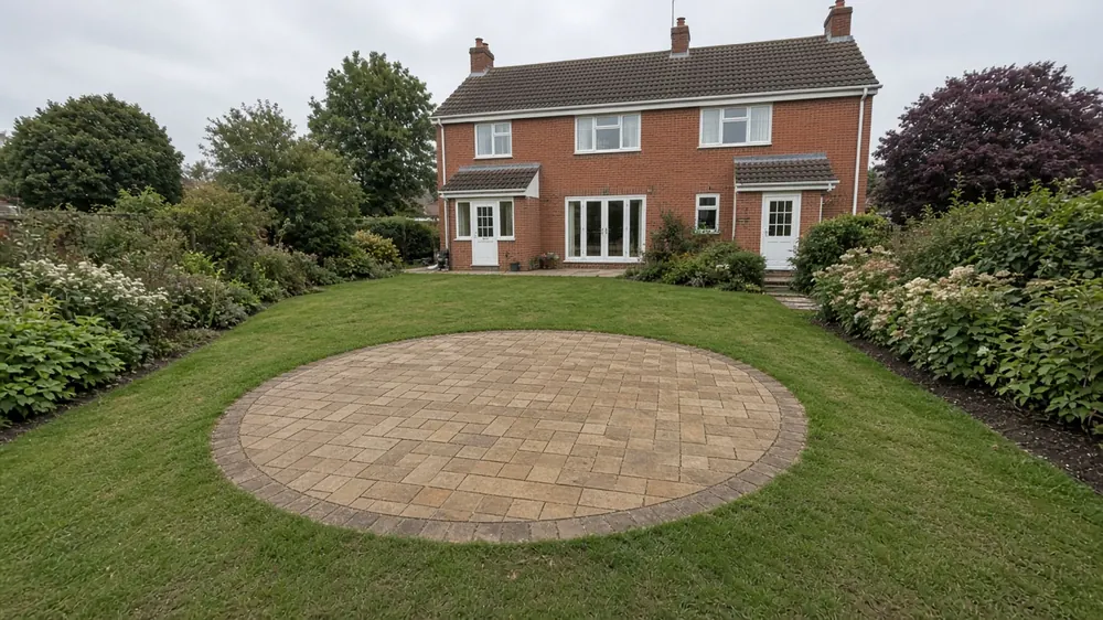 Example image: a circular patio of tumbled setts in a lawn
