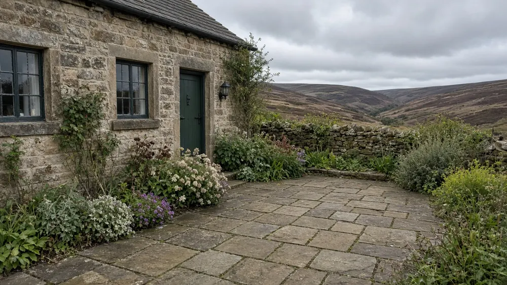 Example image: a riven sandstone patio beside a stone cottage