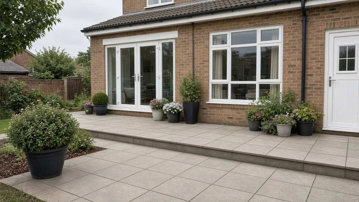 Example image: a two-level porcelain patio with a shallow step