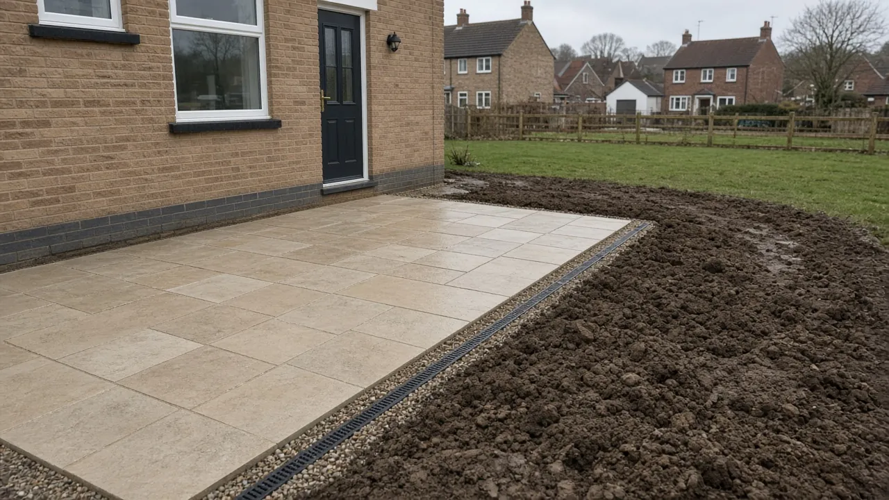 Example image: two paved areas in a long garden