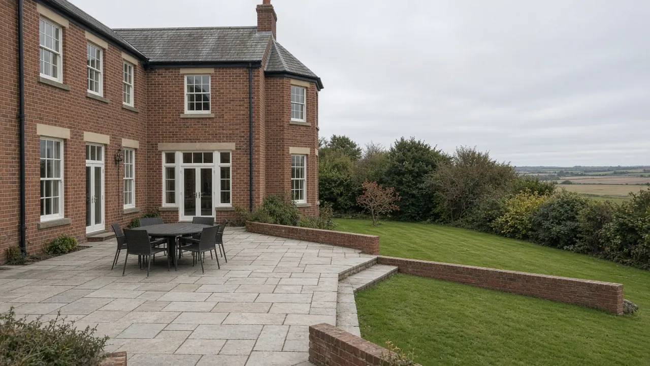 Example image: a sandstone patio behind a red-brick house with farmland beyond
