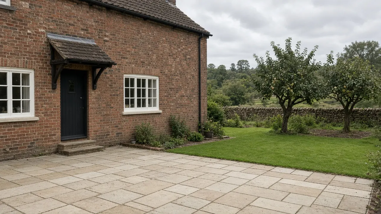 Example image: buff limestone patio behind a brick village cottage with a lawn and fruit trees