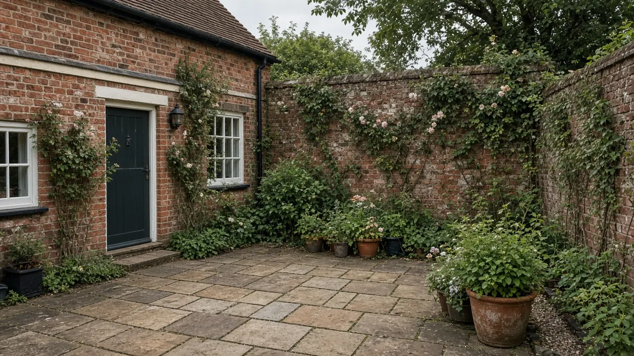 Example image: sandstone patio in a walled garden behind an old brick cottage with climbing plants