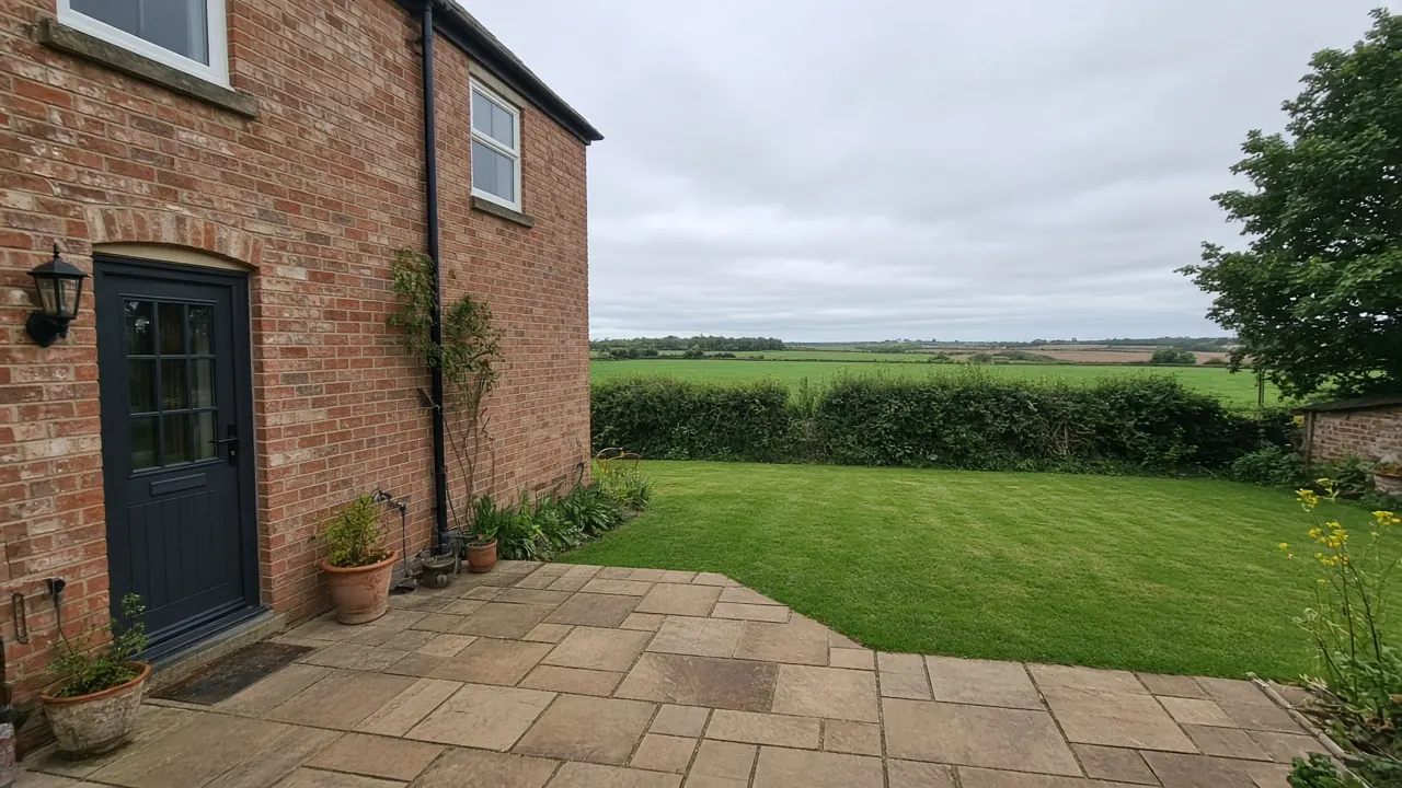 Example image: sandstone patio behind a brick village house with a lawn and farmland beyond