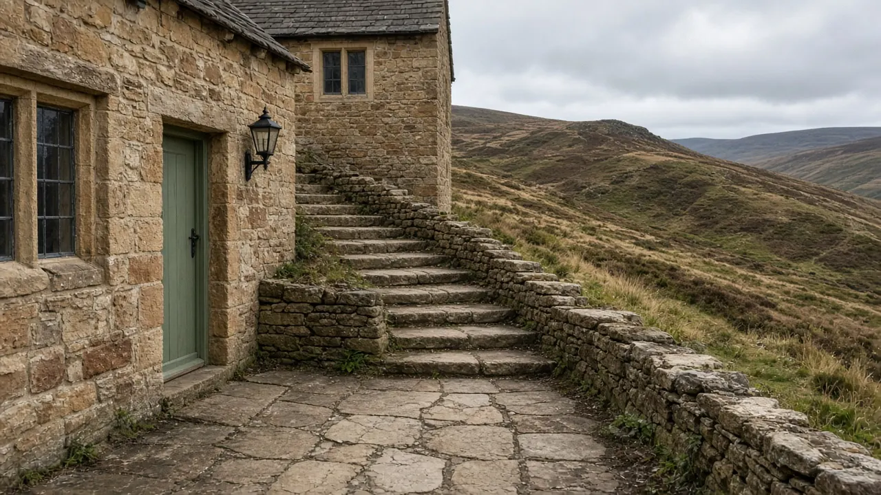 Example image: riven sandstone terrace with stone steps behind a stone cottage on a hillside