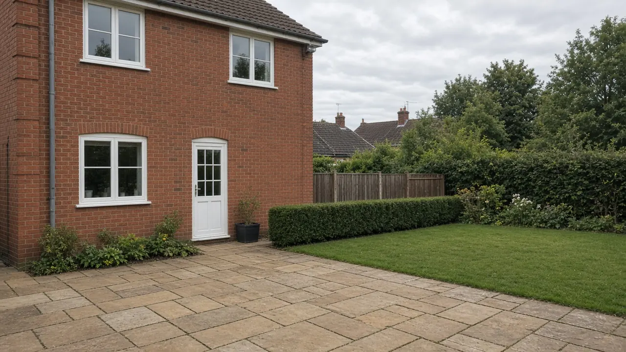 Example image: buff sandstone patio behind a brick detached house with a lawn and a low hedge