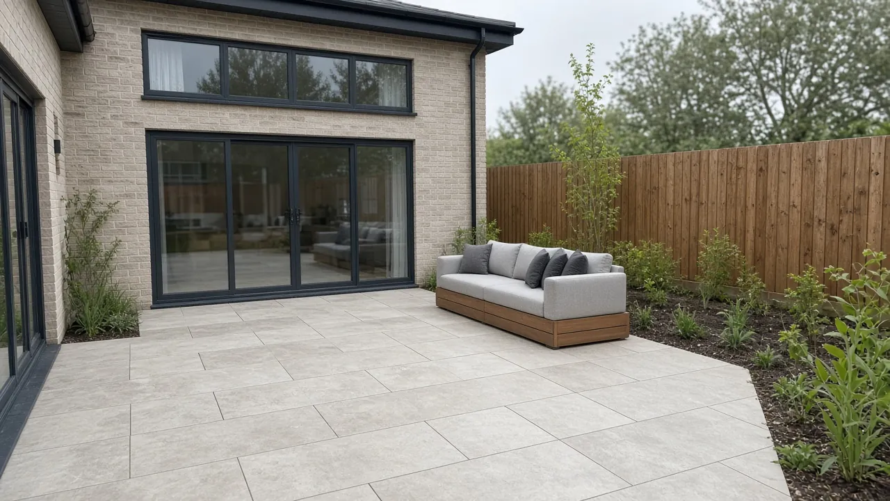 Example image: a pale porcelain patio outside sliding doors on a new-build house