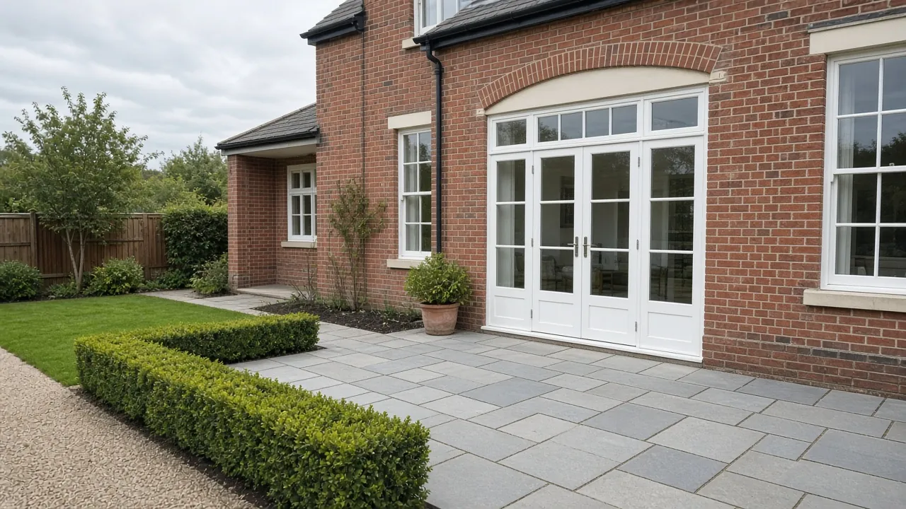Example image: a sawn limestone patio outside French doors on a Victorian villa
